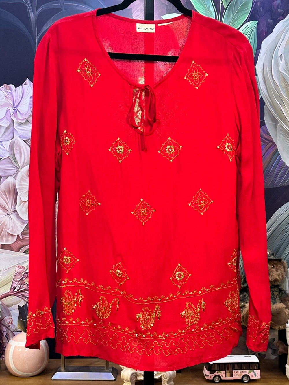 White Stag Embroidered Peasant Blouse Boho Statement Red Gold - Minor Flaw